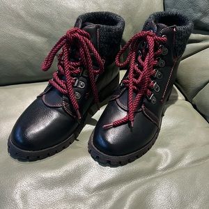 Dirty Laundry brand short boot in black with red laces and stitching. NWOT